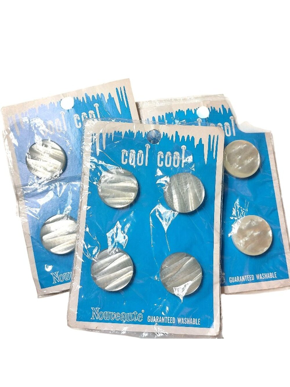 Vintage Nouveaute Cool Cool Buttons 12 Pc Moonglow Lucite Shank 27mm NOS 1950s